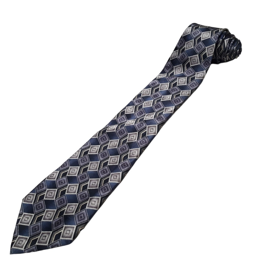 Pierre Cardin Tie Mens Navy Blue Grey Geometric Diamond Silk Vintage Minimalist